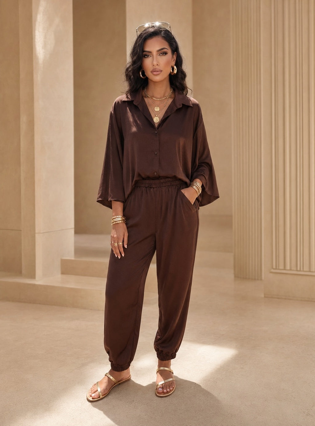 LUXE Chocolate Satin Feel 2 Piece Co-Ord Set