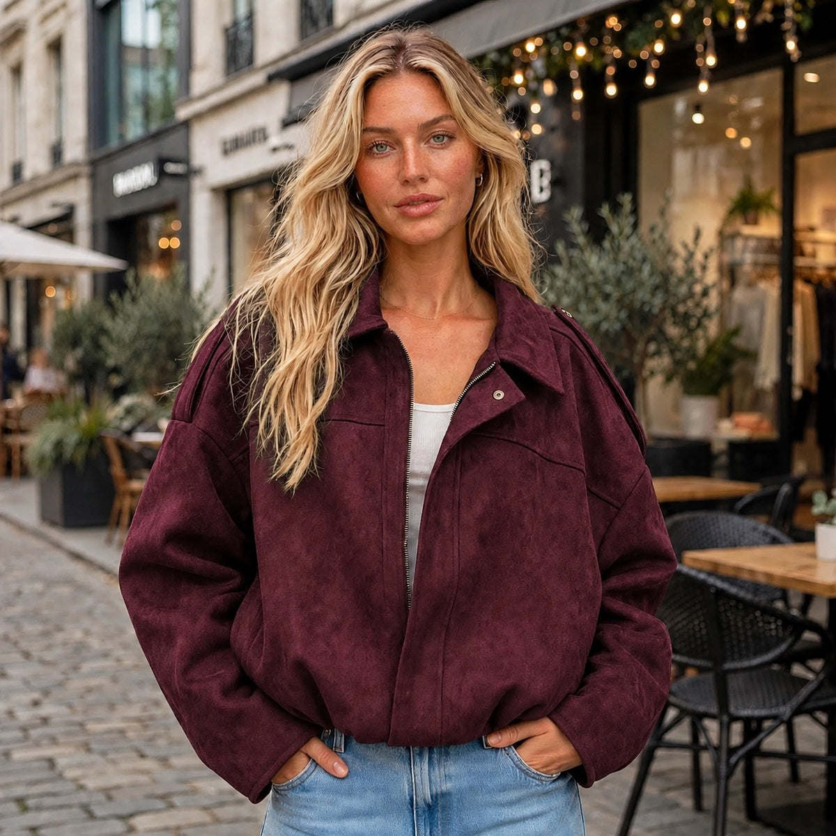Wine Faux Suede Relaxed Fit Bomber Jacket