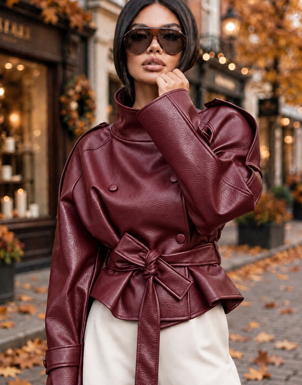 Luxe High Neck Belted Burgundy PU Jacket (Copy)