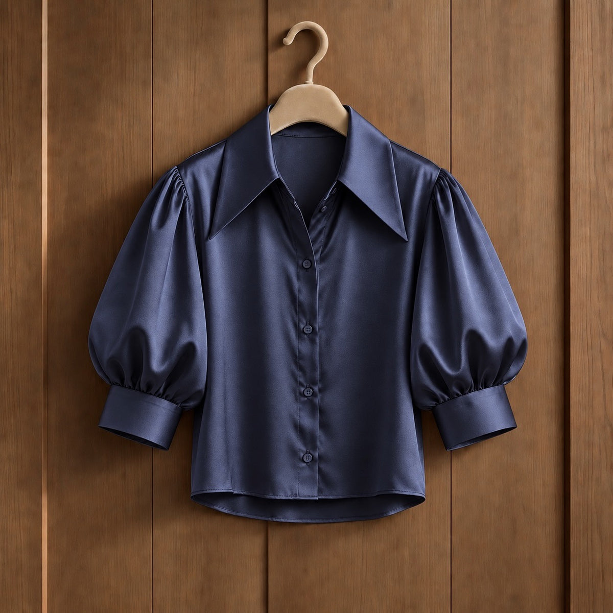 Navy Satin Look Cropped Puff Sleeve Shirt (available in other colours)