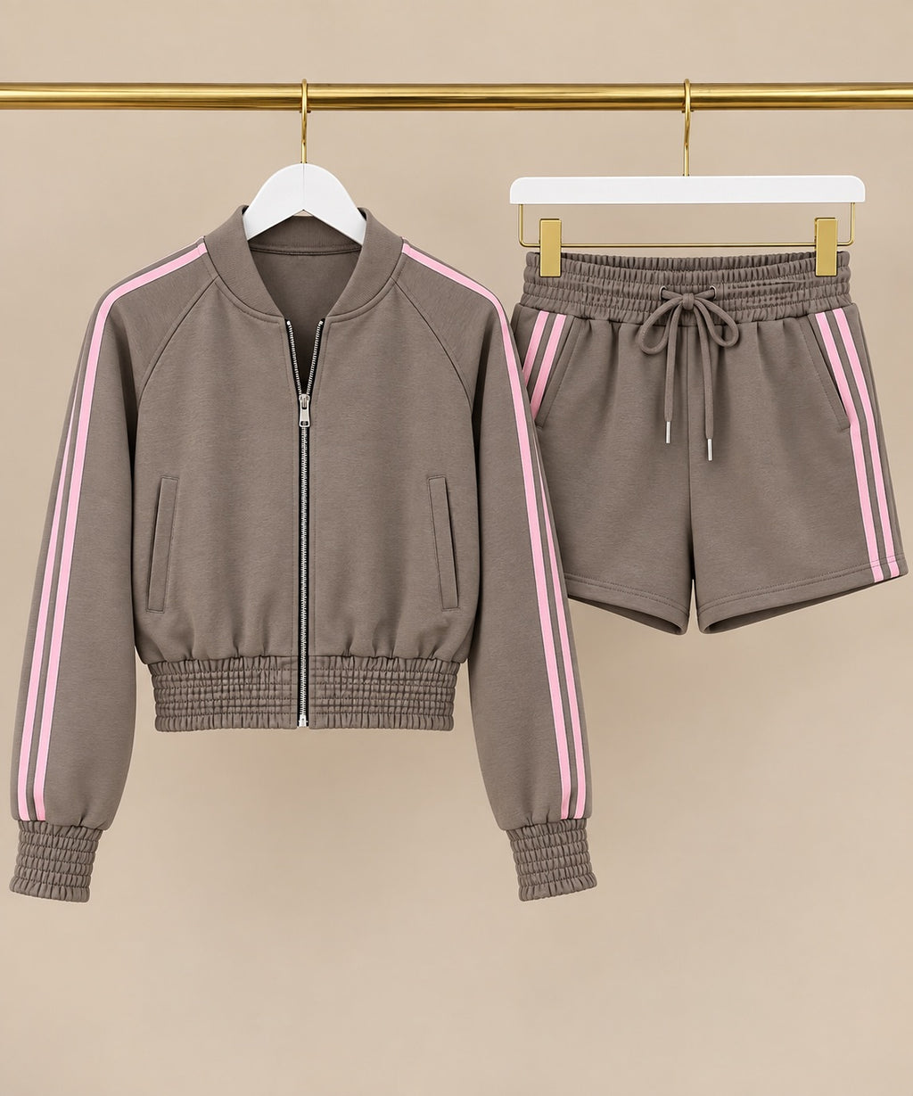 Taupe & Pink Stripe Jacket & Shorts Co-ord Set