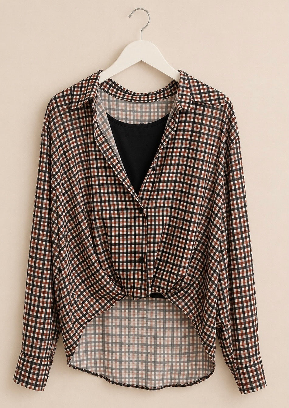 Brown/Black/Beige Ruched Front Hem Check Shirt with Built-In Vest