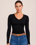 Luxe Black Basic Fleece-Lined Long Sleeve V-Neck Top (other colours available)