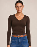 Luxe Chocolate Basic Fleece-Lined Long Sleeve V-Neck Top (other colours available)