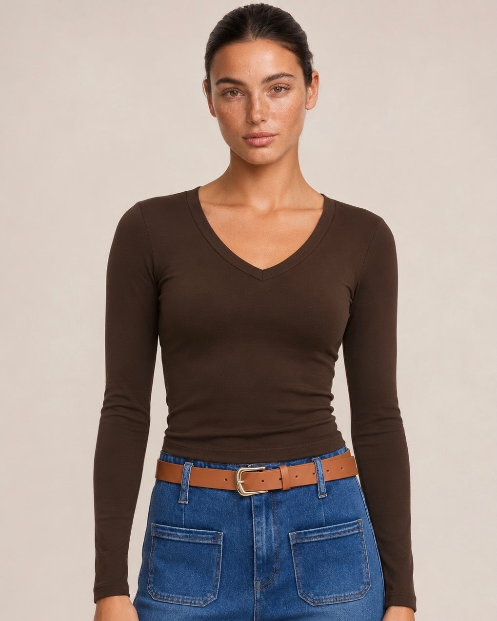 Luxe Chocolate Basic Fleece-Lined Long Sleeve V-Neck Top (other colours available)