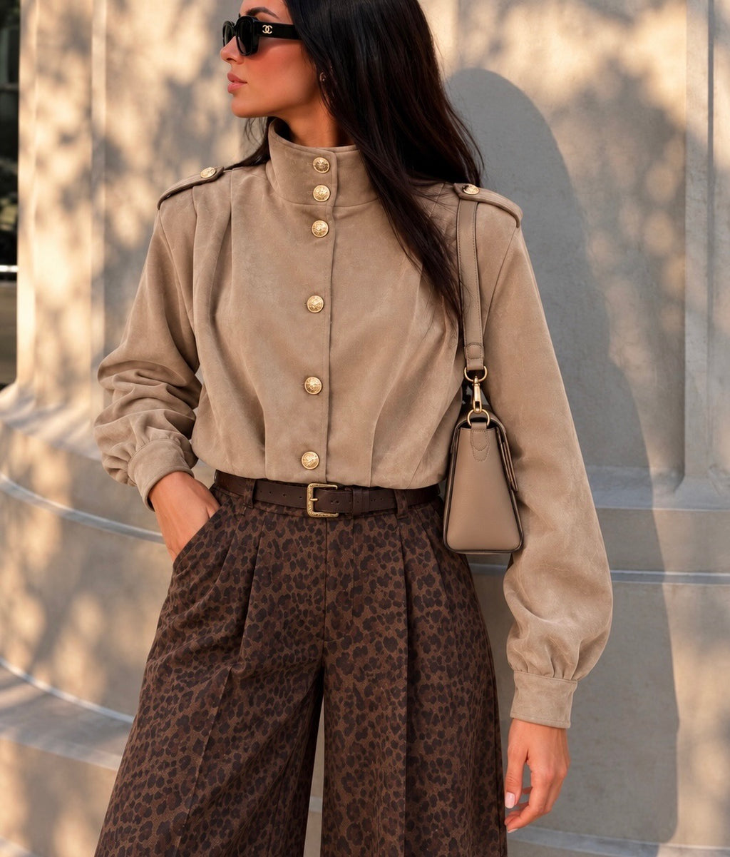 Beige Gold Button High Neck Suedette Jacket