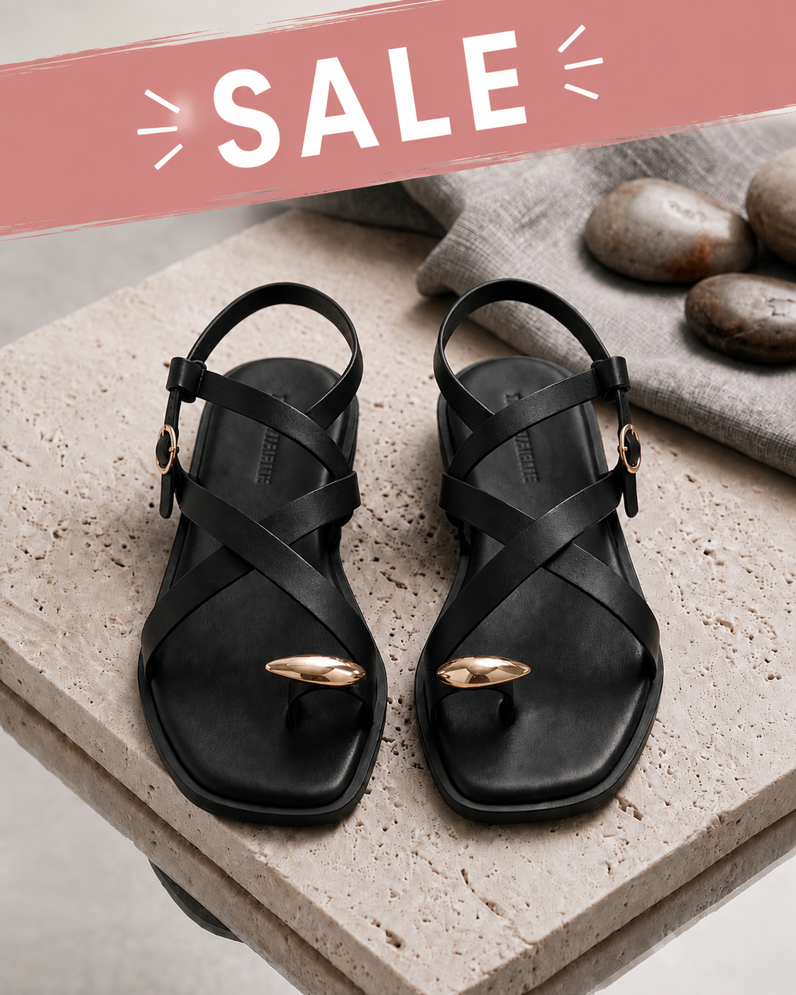Black Sandals with Gold Toe Ring