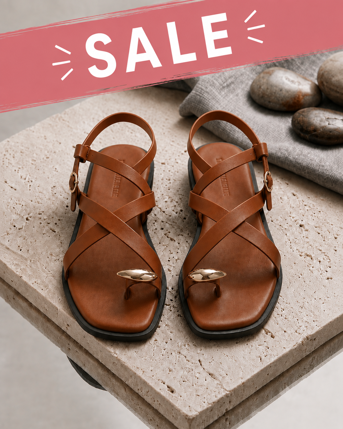 Tan Sandals with Gold Toe Ring