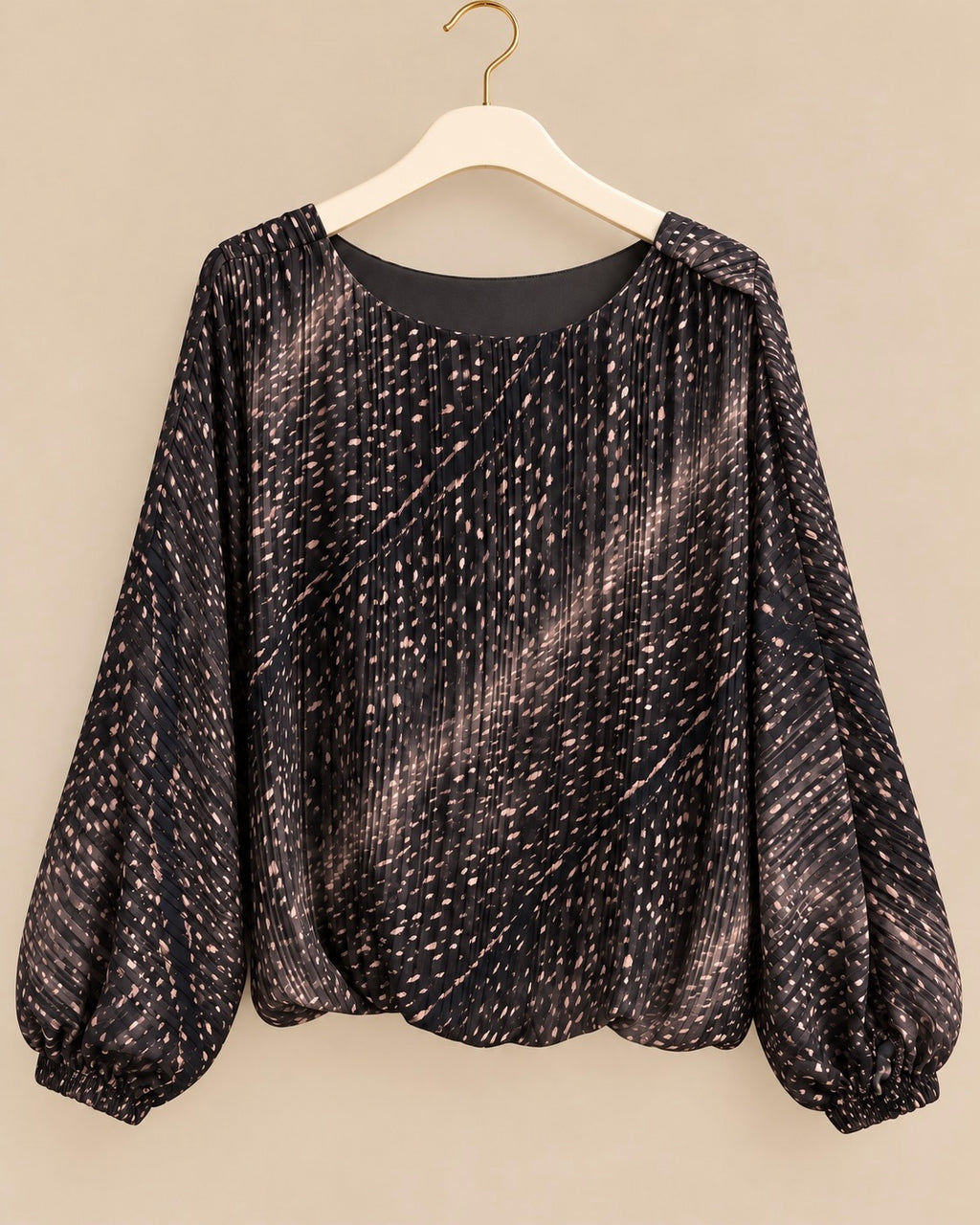 Black Bambi Print Pleated Balloon Sleeve Blouse