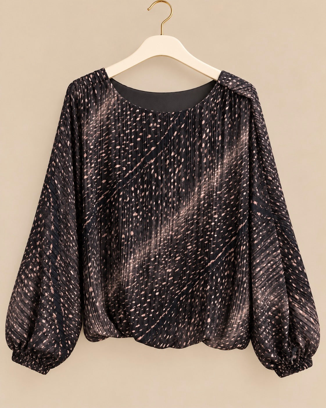Black Bambi Print Pleated Balloon Sleeve Blouse