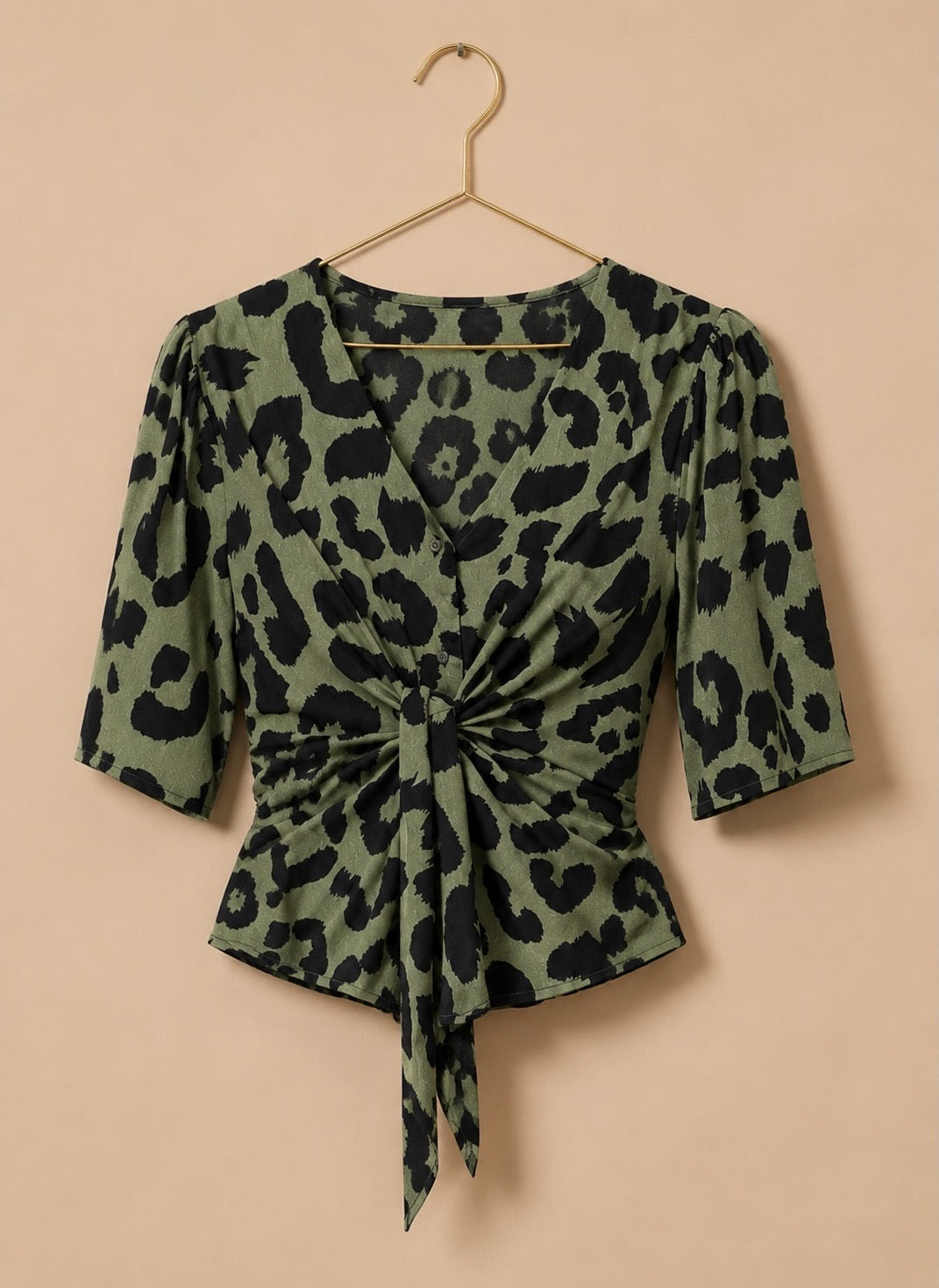 Khaki Leopard Print Short Sleeve Knotted Top