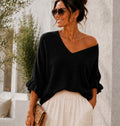 Black Ruffle Sleeve Soft Knit V-Neck Top