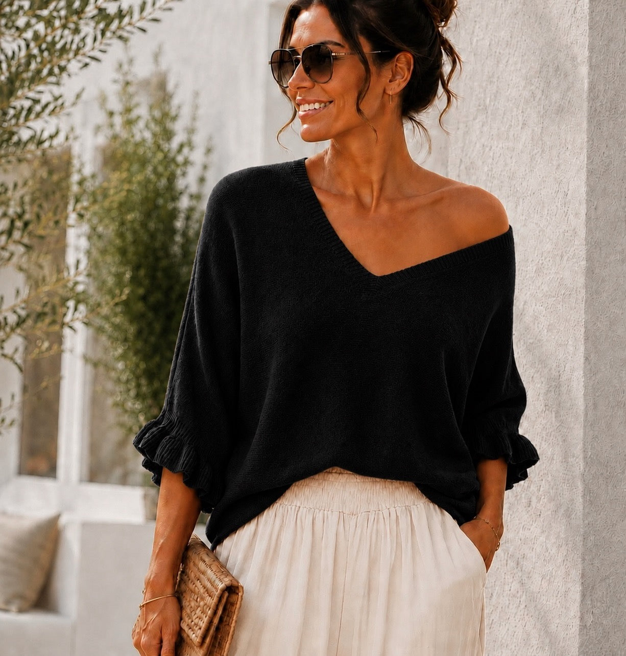 Black Ruffle Sleeve Soft Knit V-Neck Top