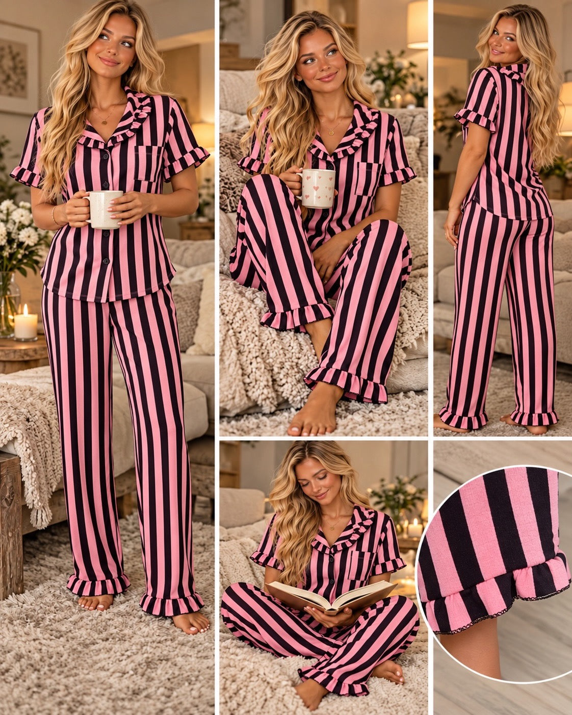 Black & Pink Stripe Frill Detail Pyjama Set