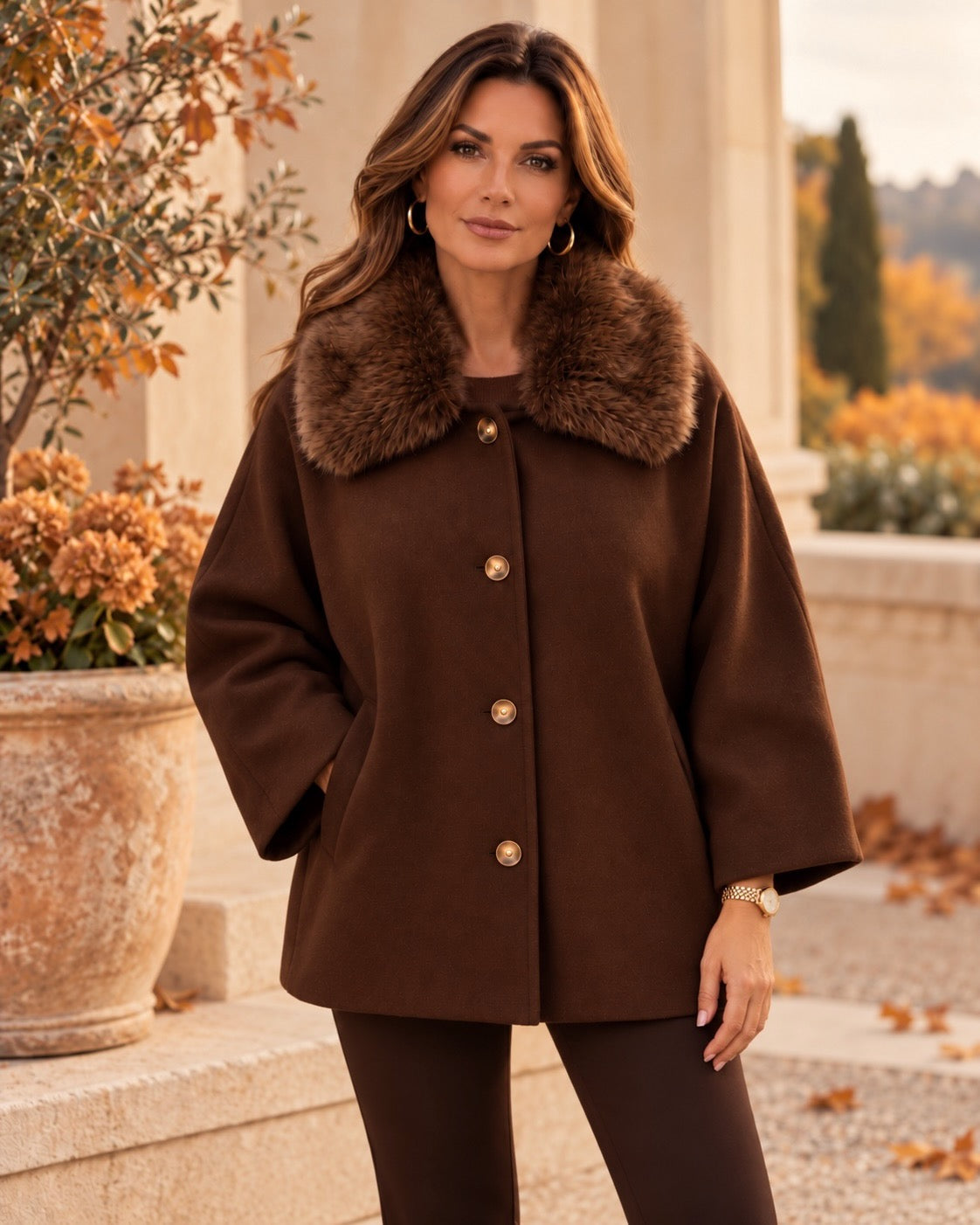 Curvy Chocolate Faux Fur Collar Jacket