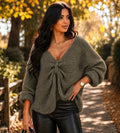 Khaki Soft Chunky Knit Bow Batwing Jumper