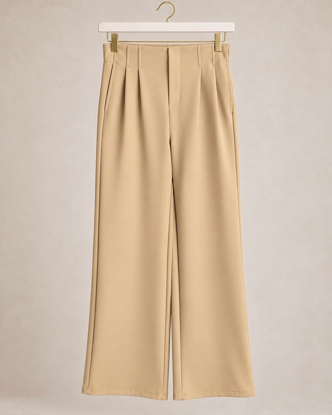 Beige Pleated Scuba Elasticated Waistband Trousers