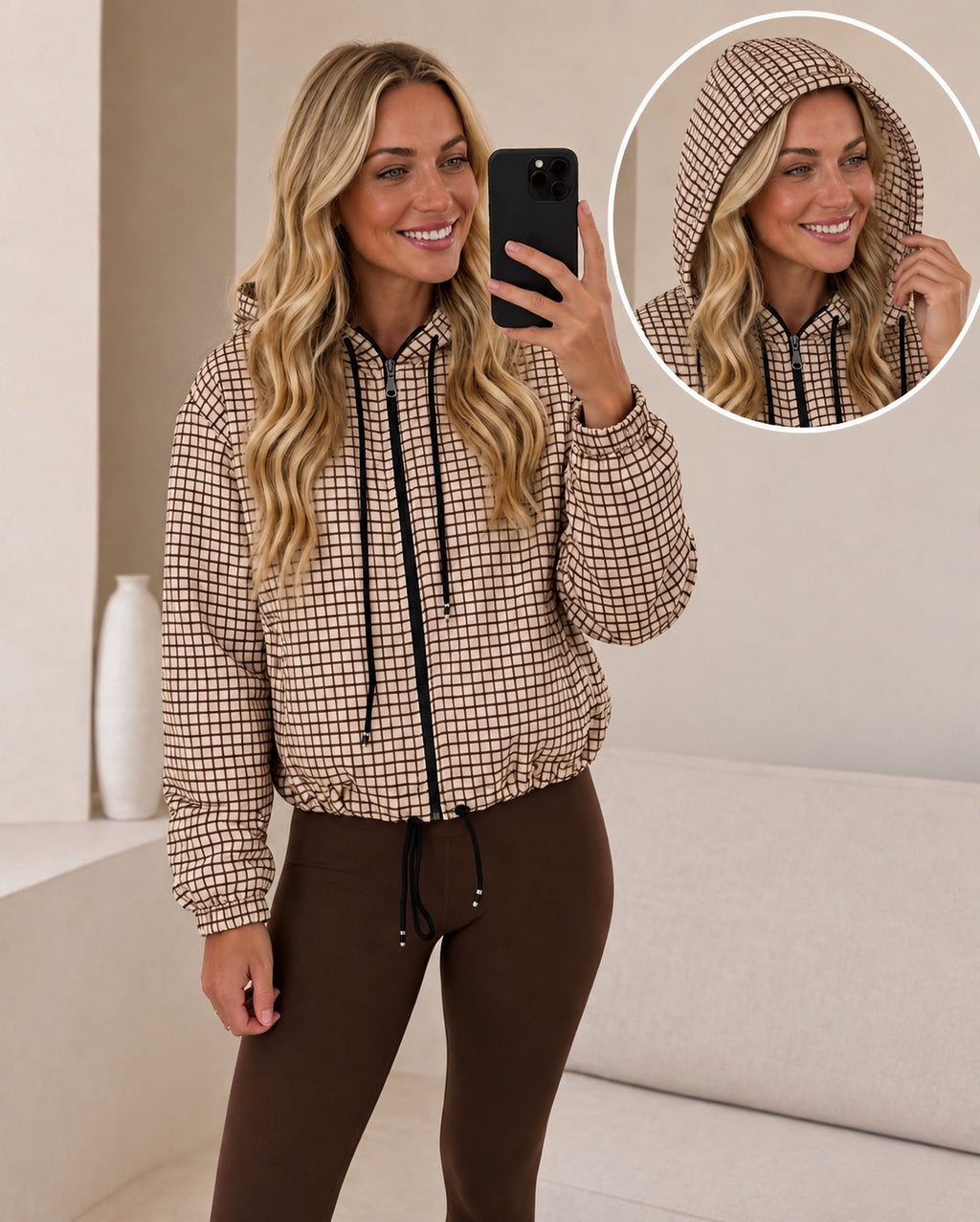 Brown & Beige Check Print Hooded Jacket