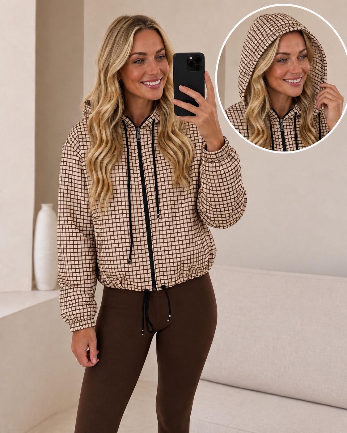 Brown & Beige Check Print Hooded Jacket
