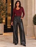 Black Faux Leather Seam Detail Wide Leg Pants