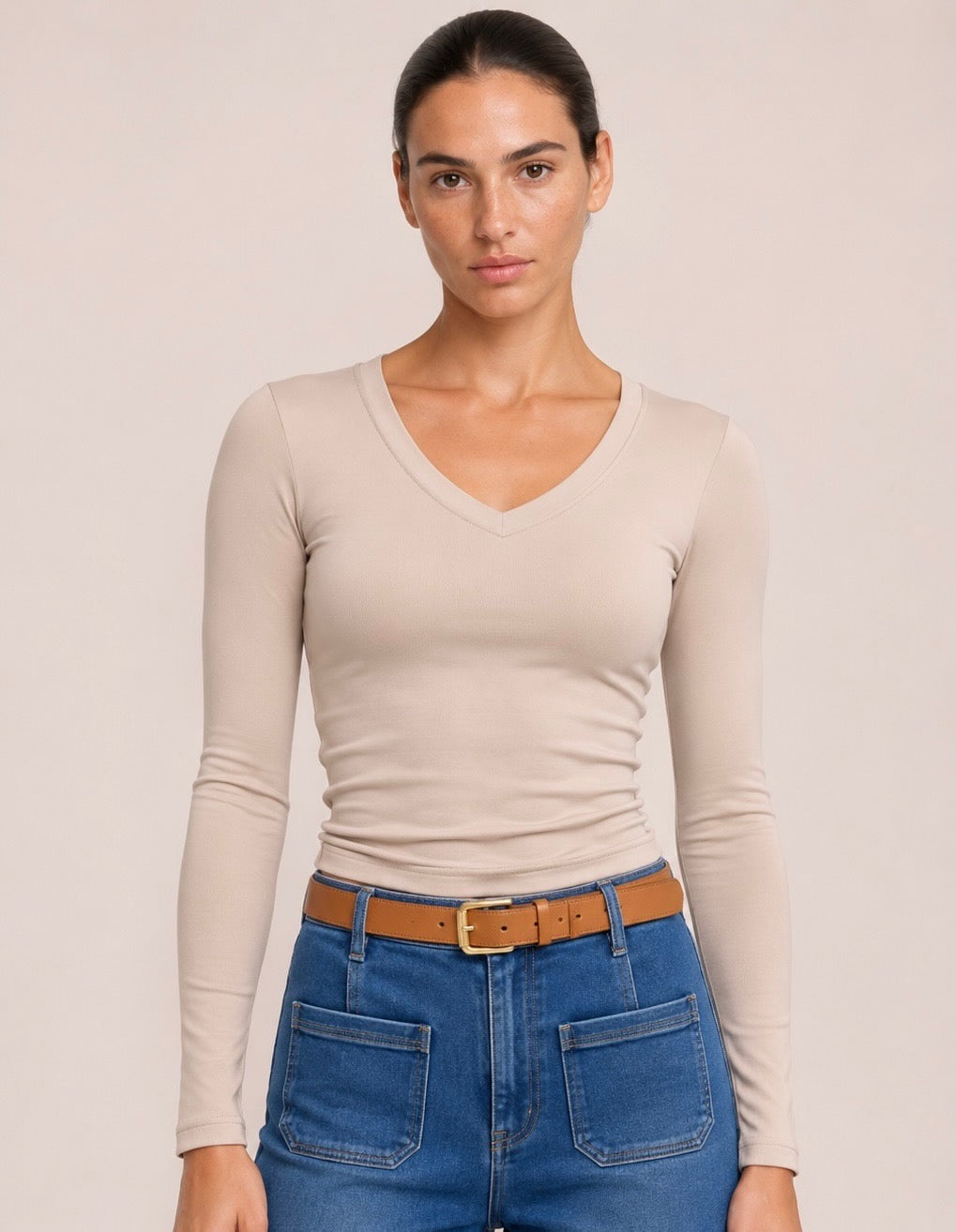 Luxe Beige Basic Fleece-Lined Long Sleeve V-Neck Top (other colours available)