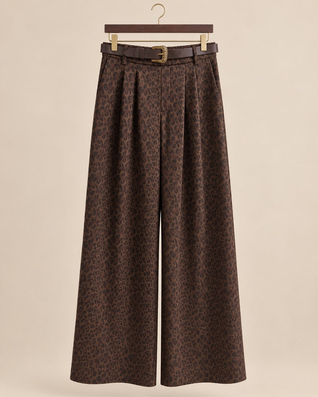 Chocolate Belted Jersey Feel Leopard Wide Leg Pants