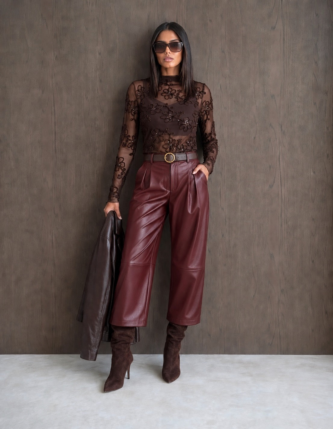 Burgundy Belted Faux Leather Cropped Wide Leg Pants (available in other colours)