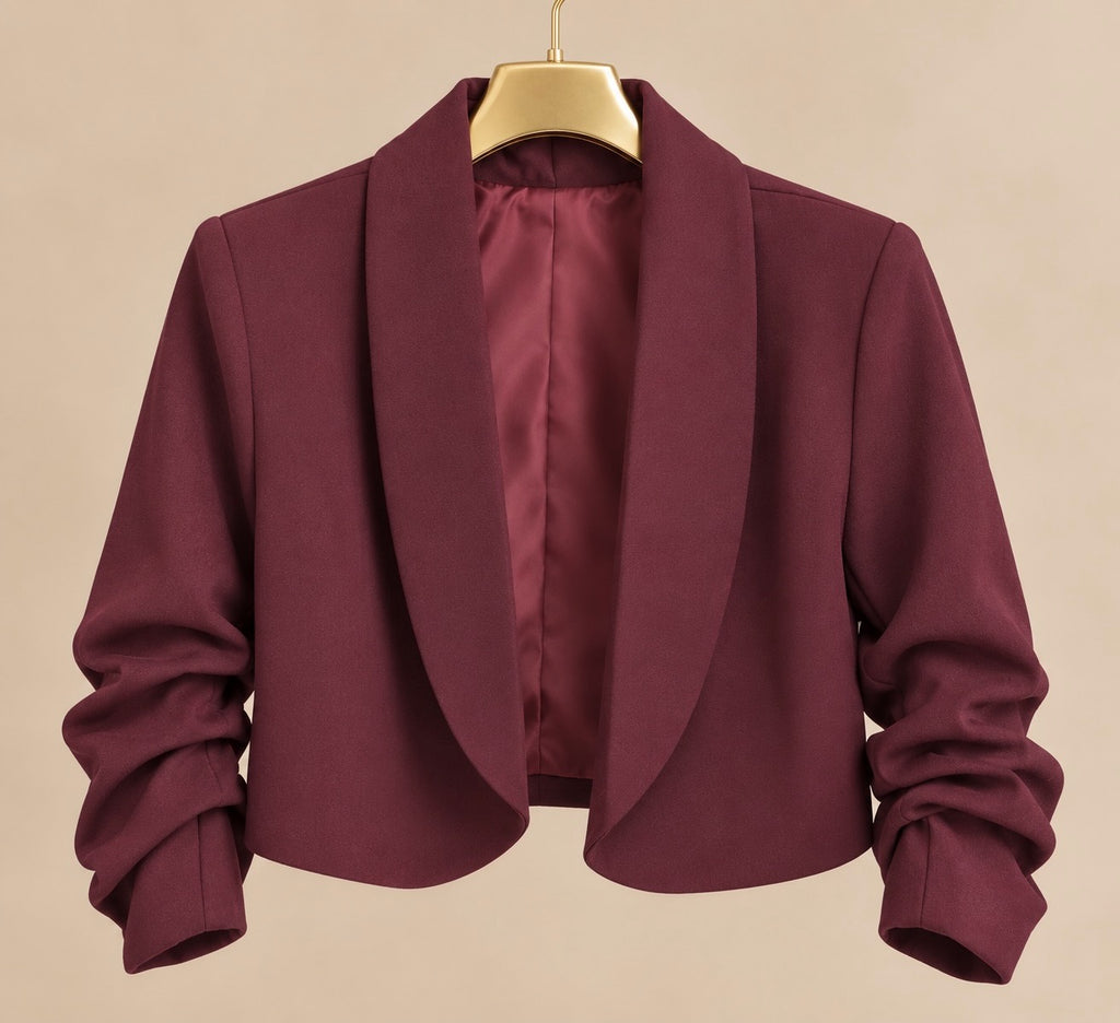 Burgundy Ruched Sleeve Cropped Blazer