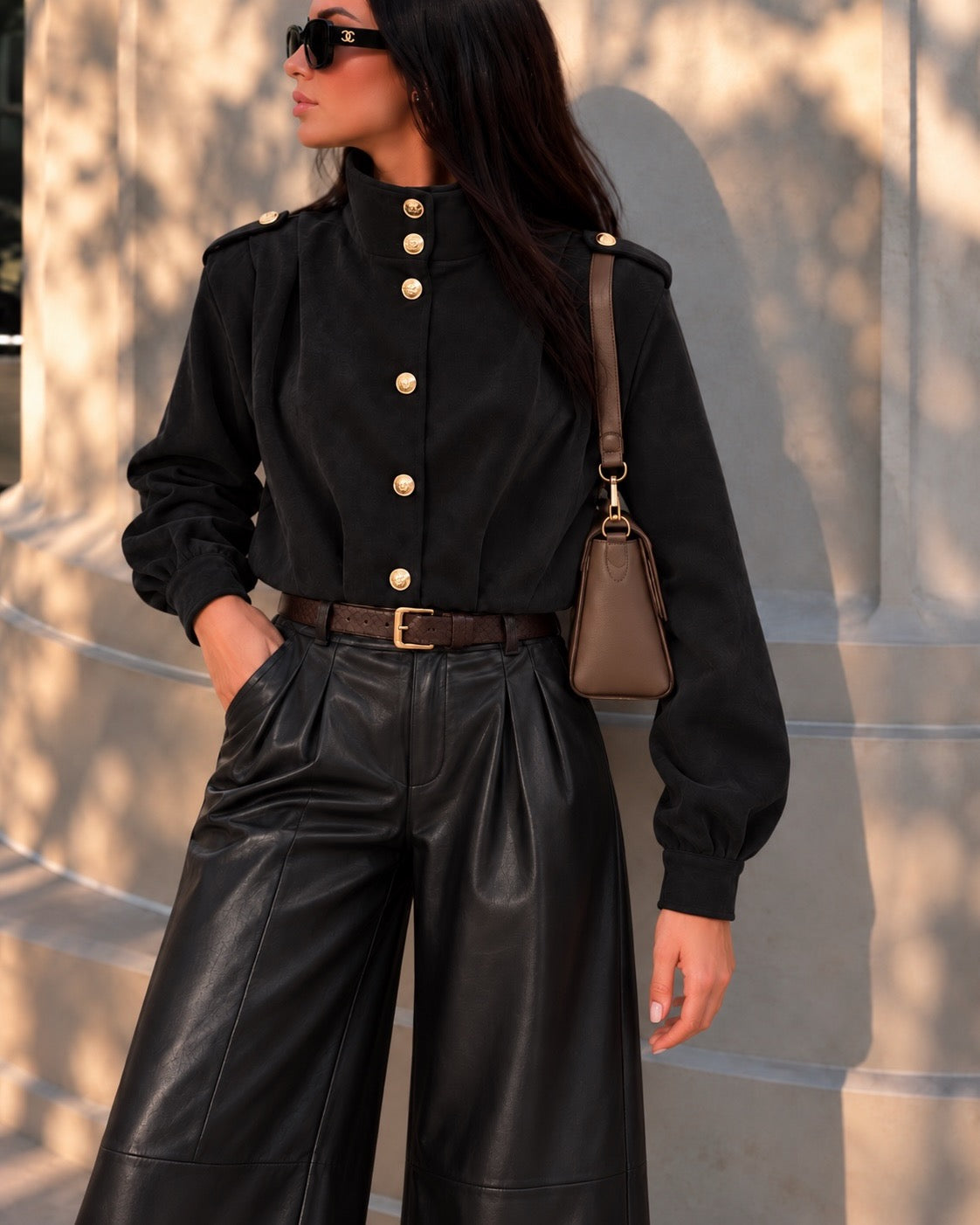Black Gold Button High Neck Suedette Jacket