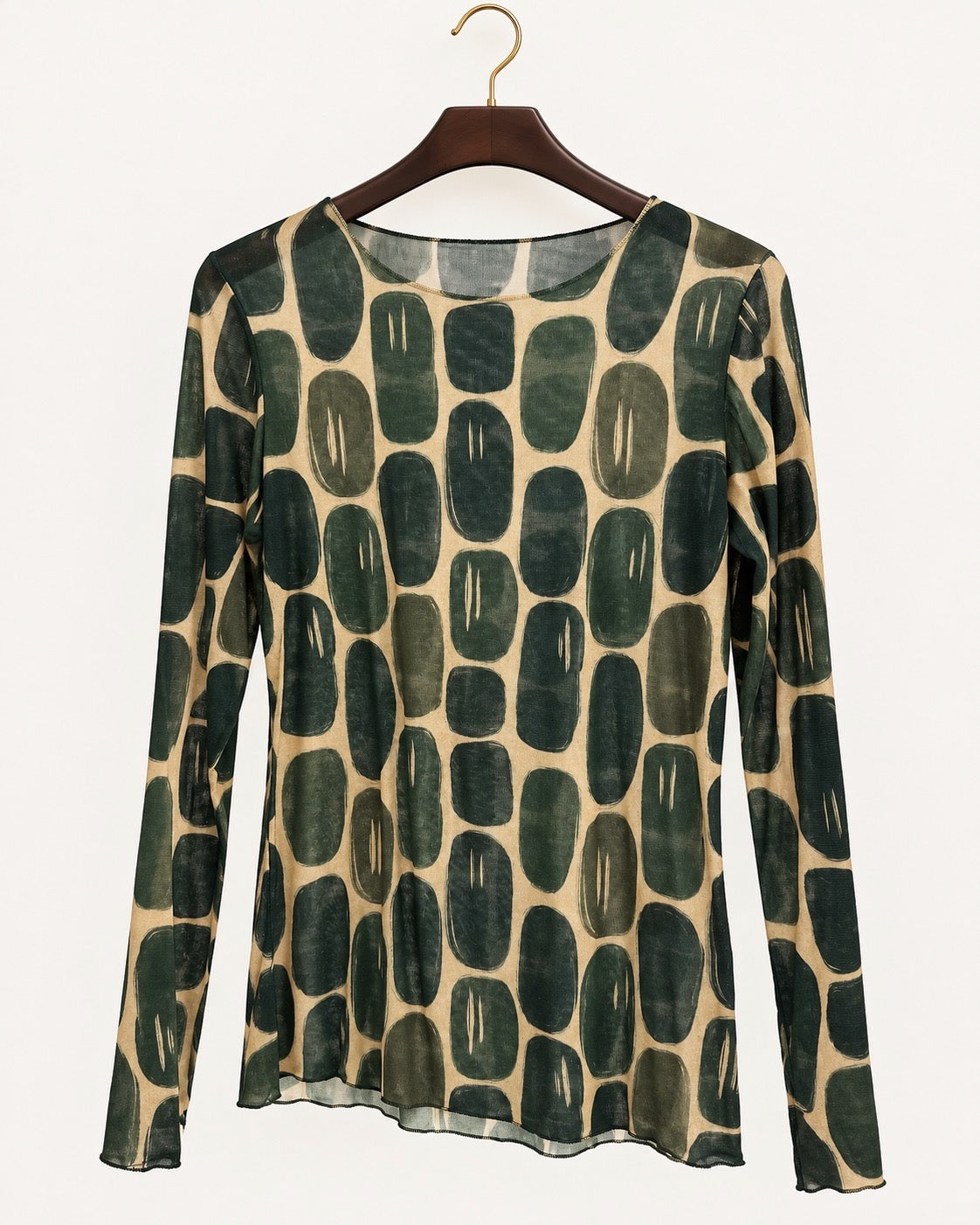 Khaki Green Abstract Pebble Print Cashmere Blend Top
