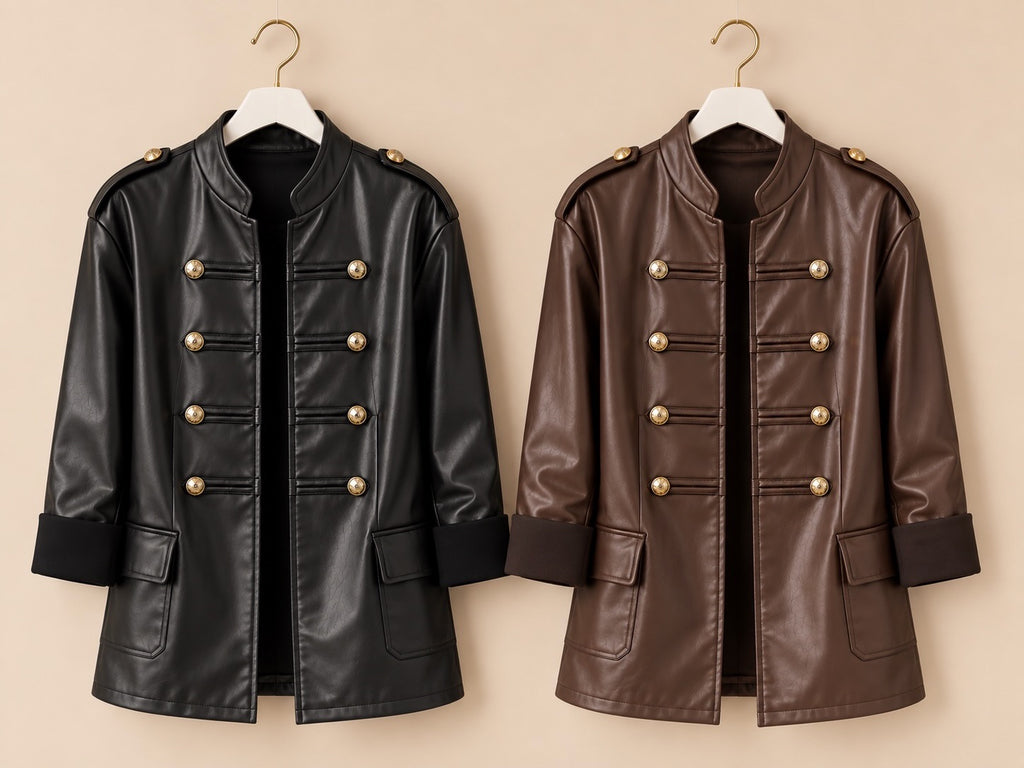 Chocolate Military Button PU Leather Jacket (available in other colours)