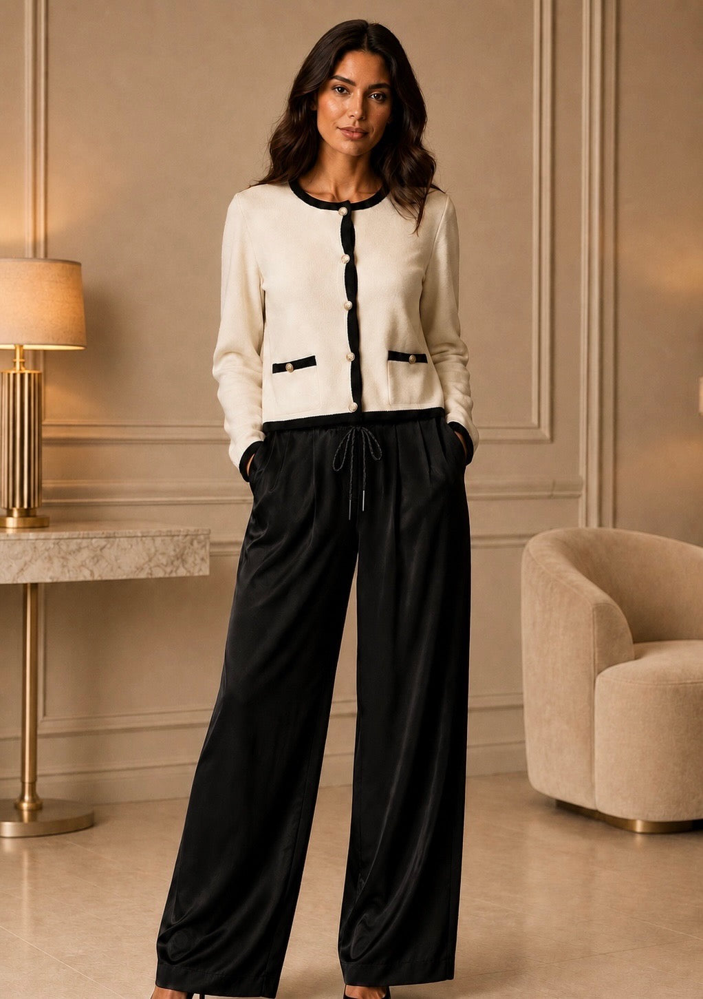 Cream Contrast Trim Gold Button Knit Cardigan
