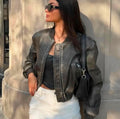 Khaki Inspired Faux Leather Bomber Jacket