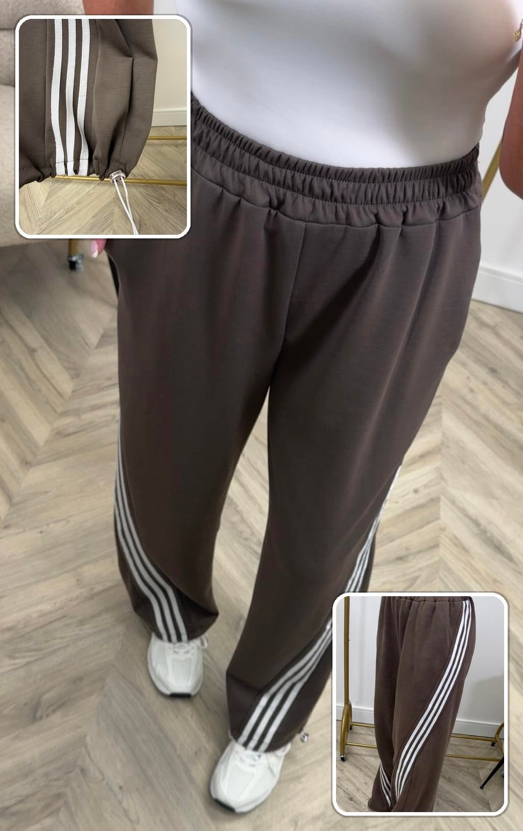 Dark Taupe 3 Stripe Pull Tie Bottom Joggers