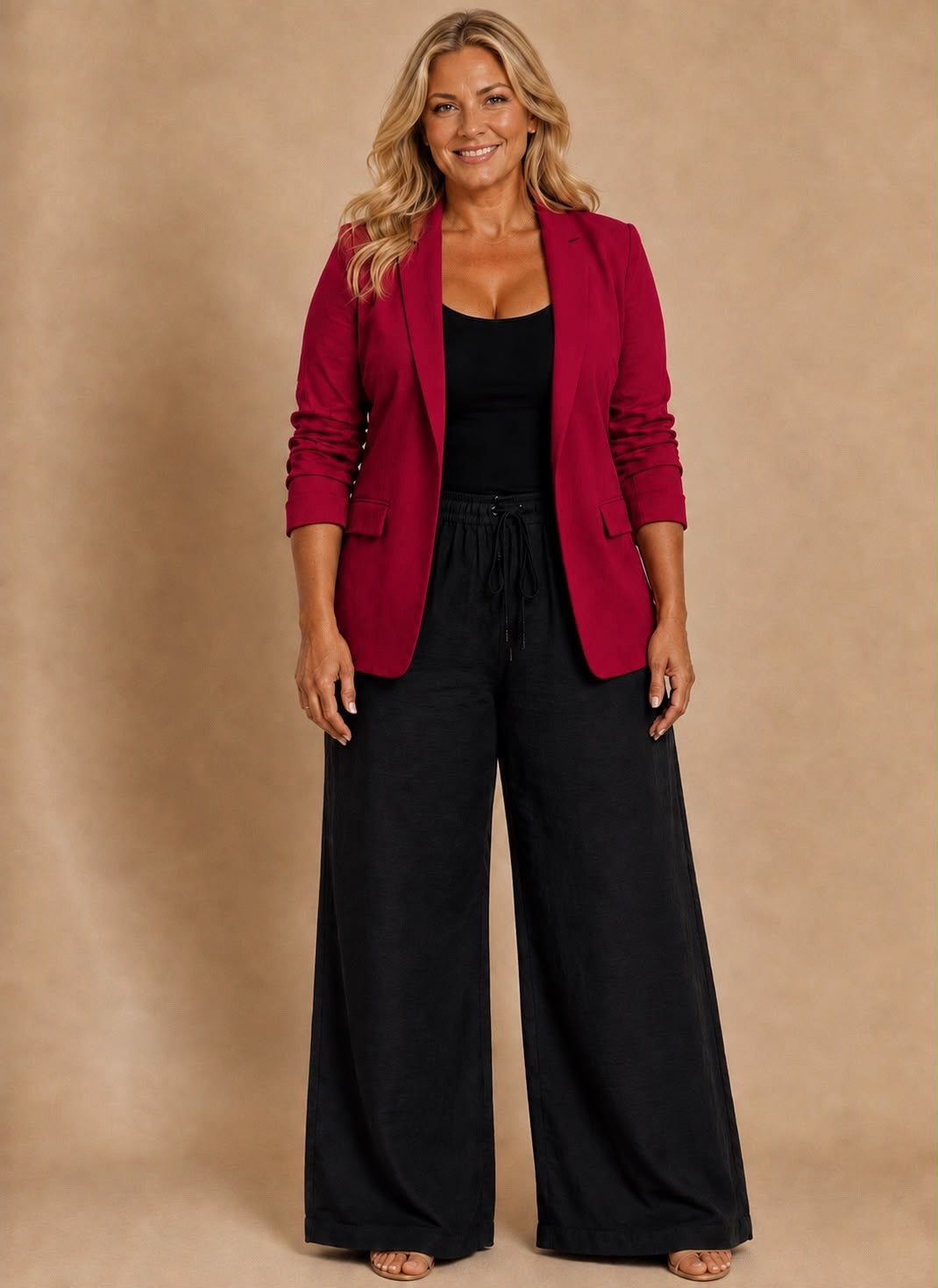 Curvy Burgundy Ruched Arm Blazer