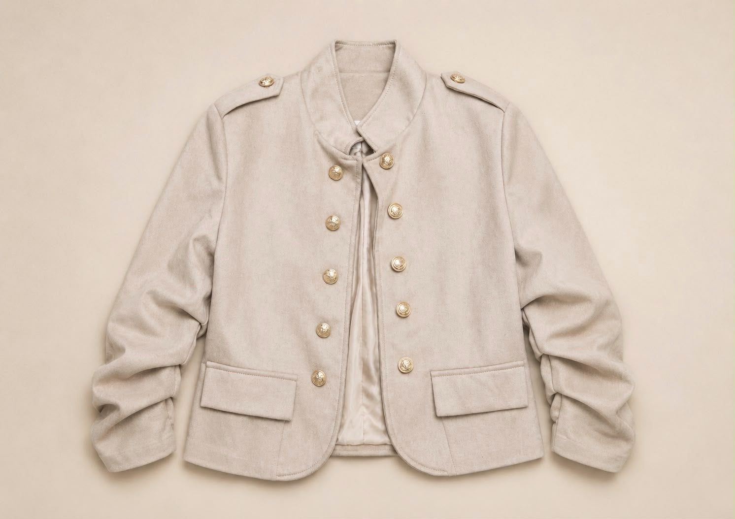 Beige Military Suede Cropped Jacket with Ruched Arms