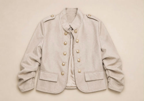 Beige Military Suede Cropped Jacket with Ruched Arms