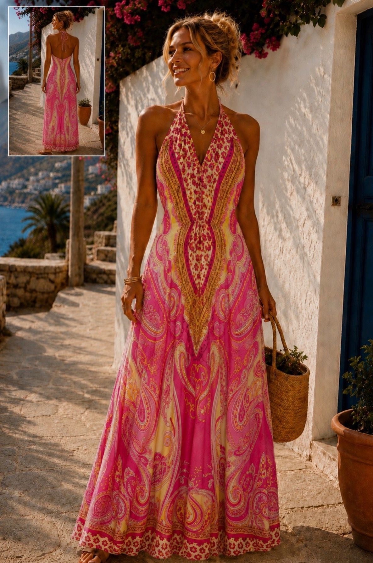 Pink Paisley Halterneck Maxi Dress