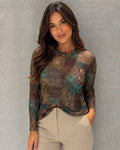 Vintage Patchwork Long-Sleeve Mesh Top