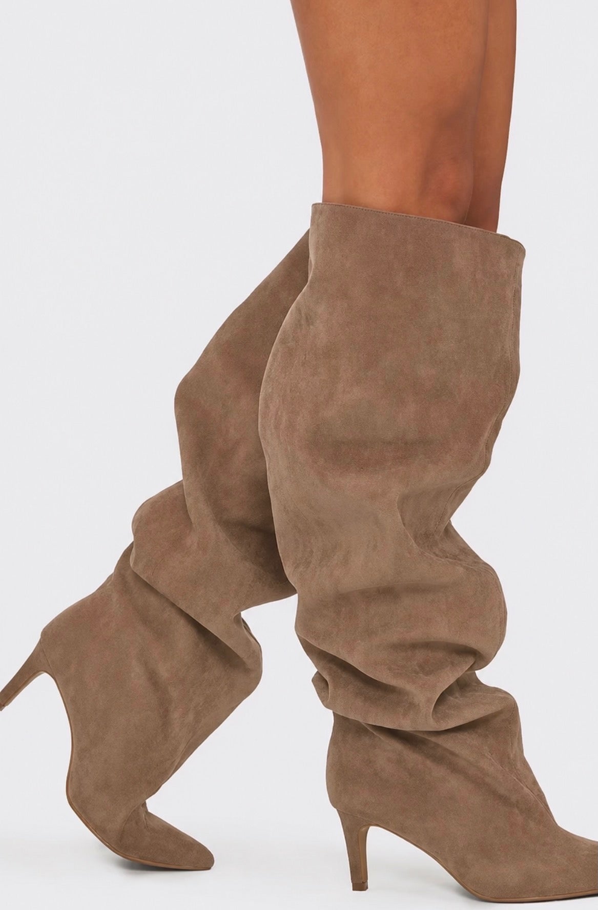 Beige Faux Suede Slouchy Knee Boots with Kitten Heels
