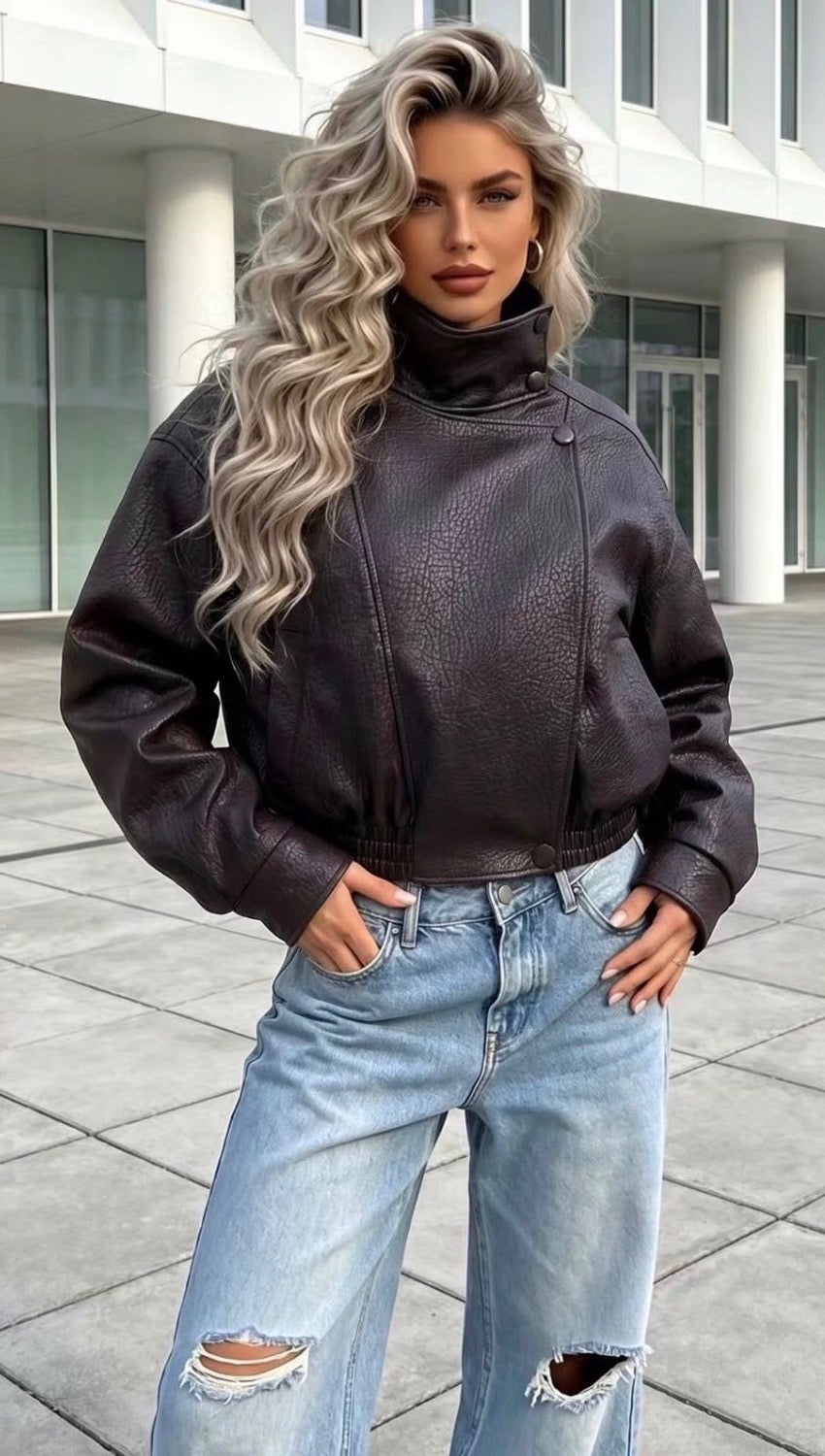 Luxe Oversized Chocolate High Neck Faux Leather Bomber Jacket