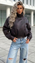 Luxe Oversized Chocolate High Neck Faux Leather Bomber Jacket