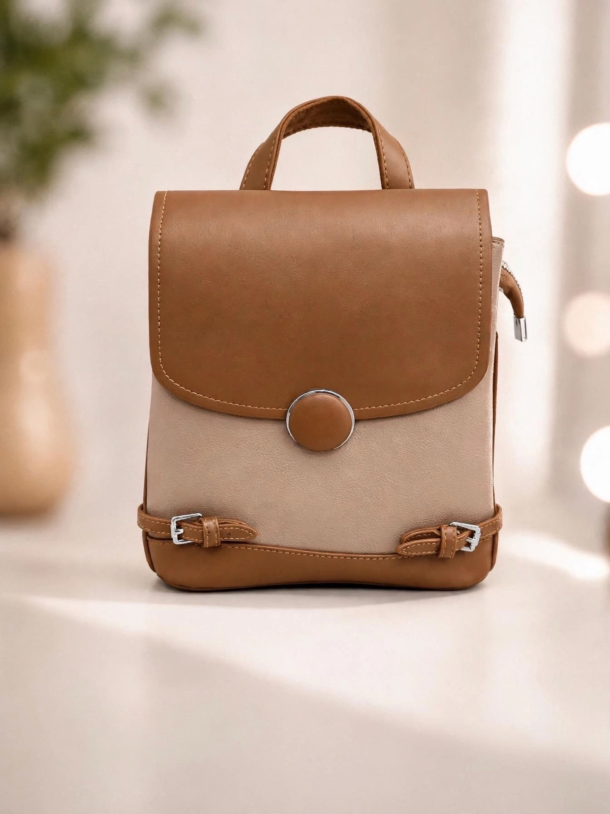 Tan & Beige Button Detail Buckle Backpack