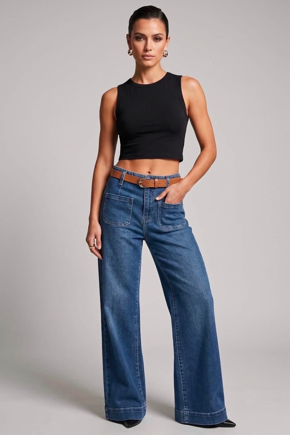 Denim Wide Leg Front Pocket Belted Jeans