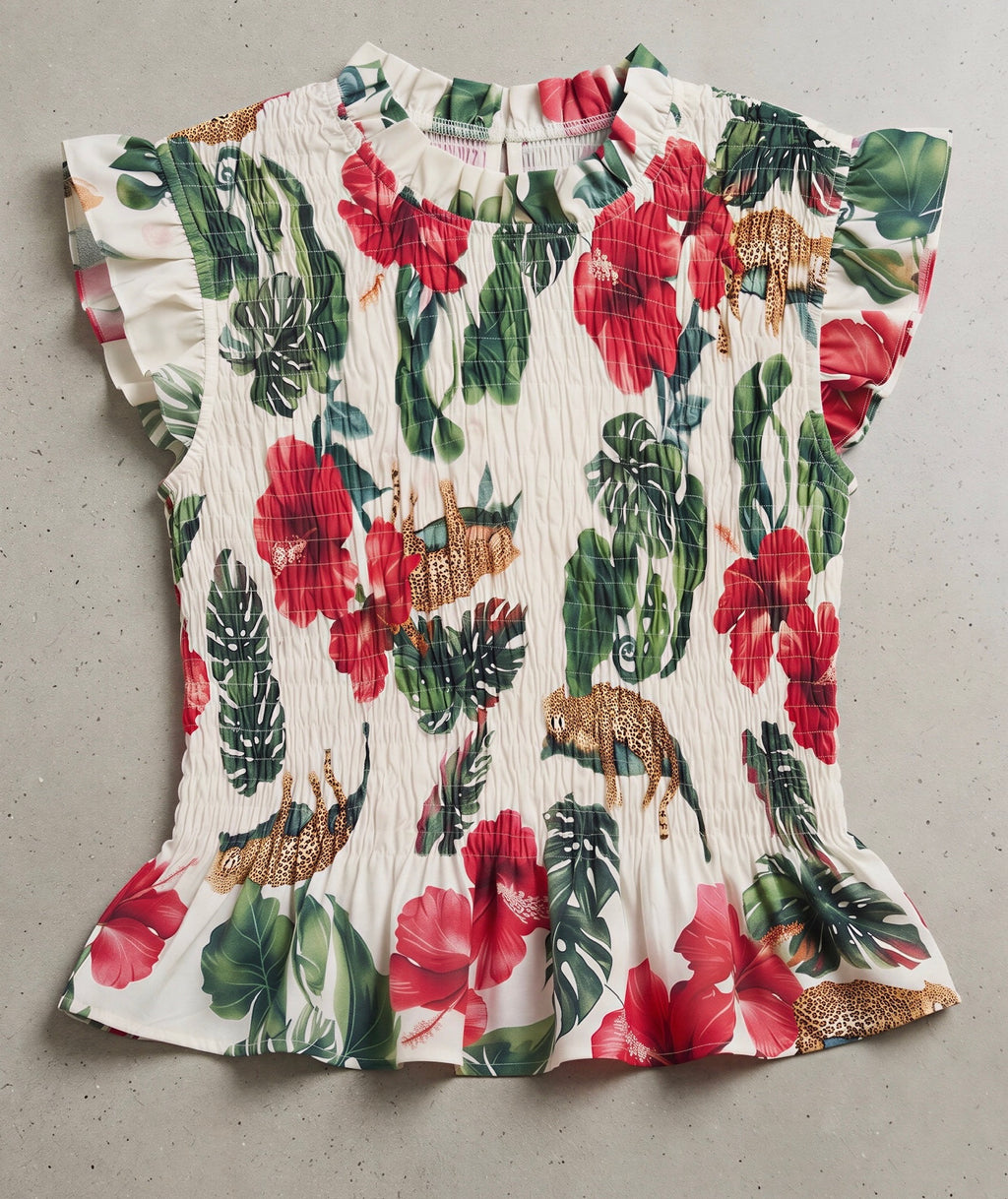 Red Flower Leopard Leaf Frill Sleeve Shirred Waist