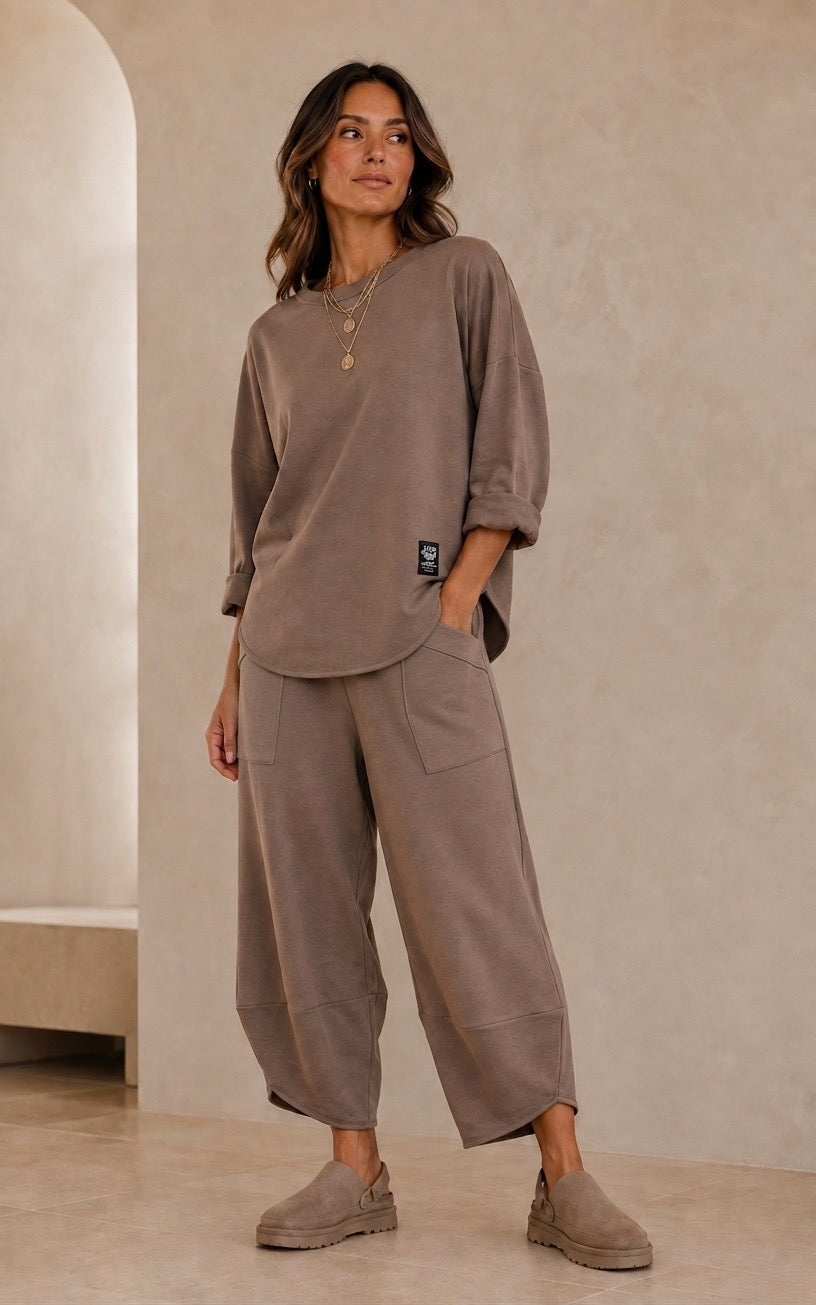 Mocha Relaxed Co-Ord Set with Cropped Barrel Trousers