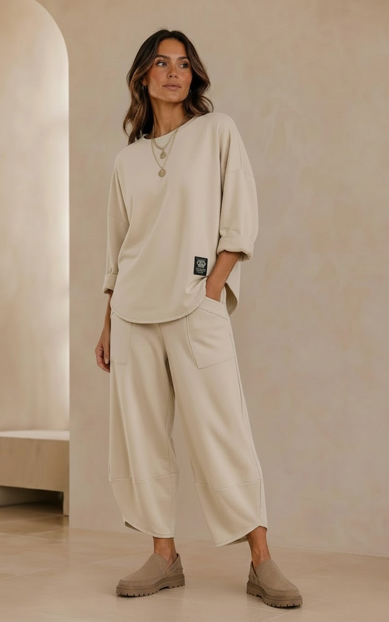 Beige Relaxed Co-Ord Set with Cropped Barrel Trousers