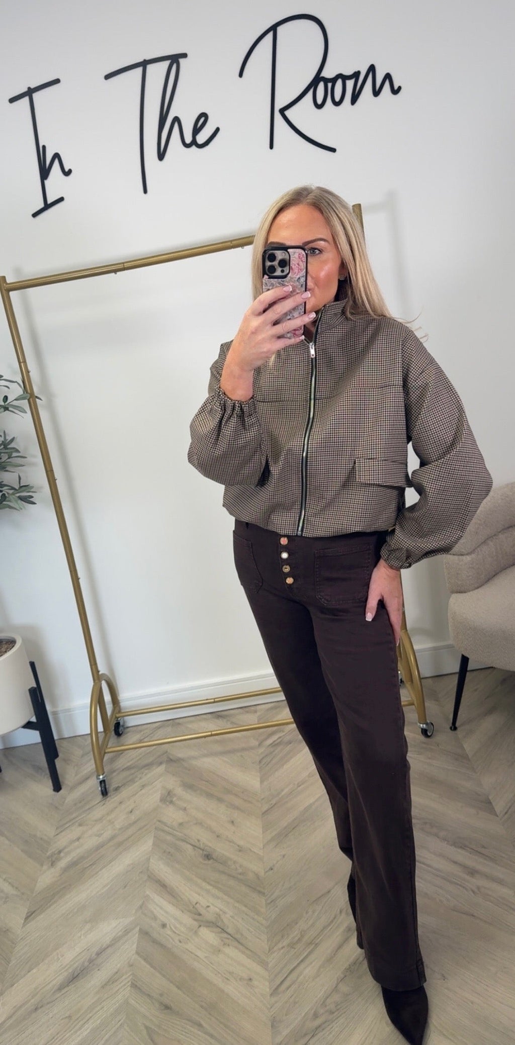 The ‘IVIVI’ Luxe Cropped Chocolate Checkered Zip Jacket