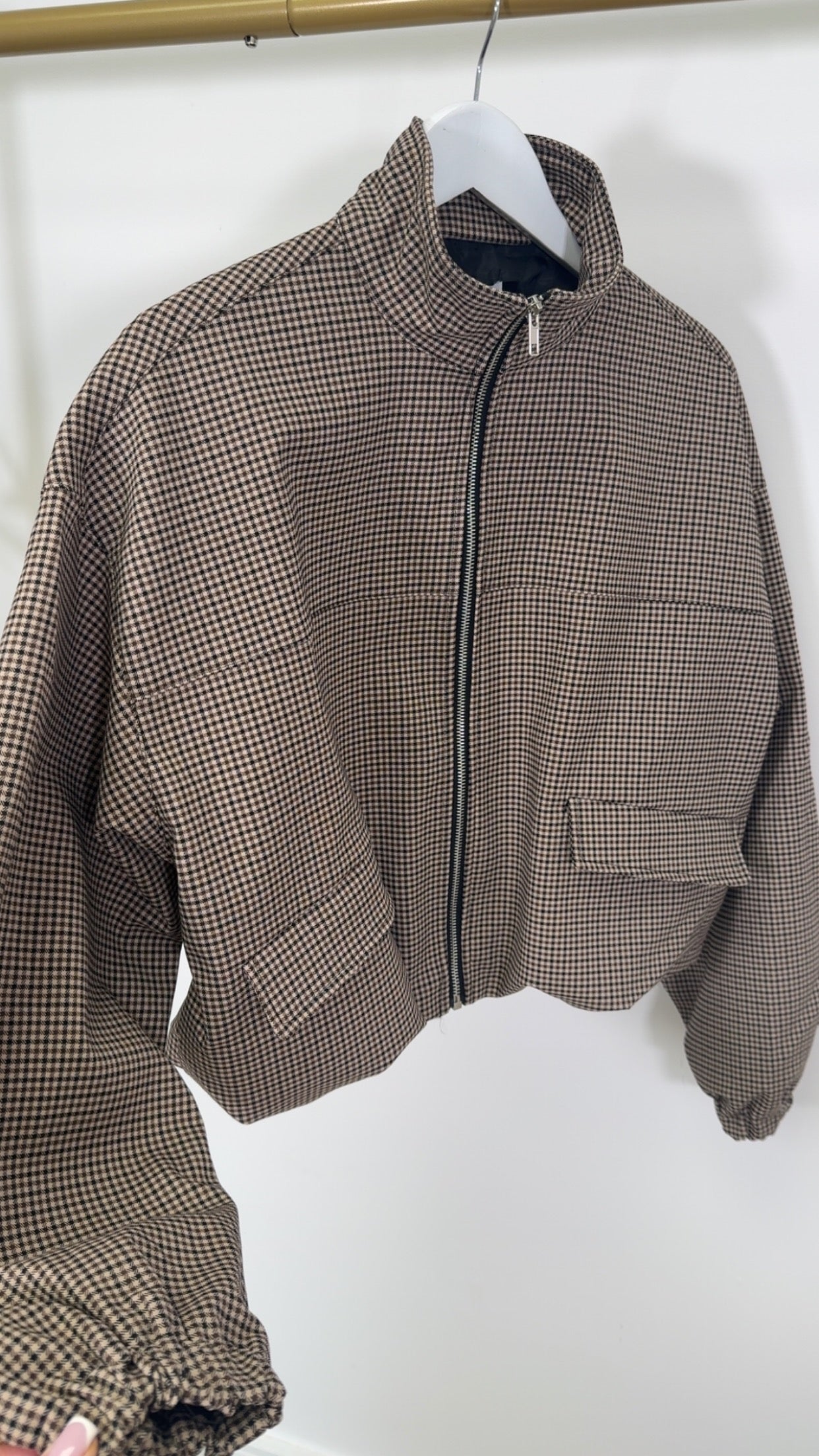 The ‘IVIVI’ Luxe Cropped Chocolate Checkered Zip Jacket
