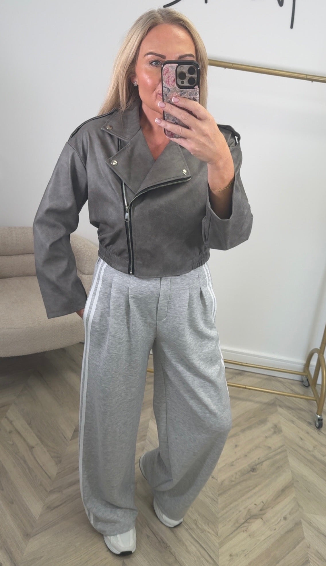 Grey Faux-leather Cropped Biker Jacket with Asymmetrical Zip Front